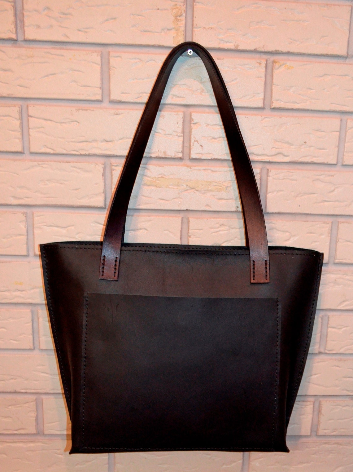 Large leather bag with patch pockets on the buttons on both Etsy