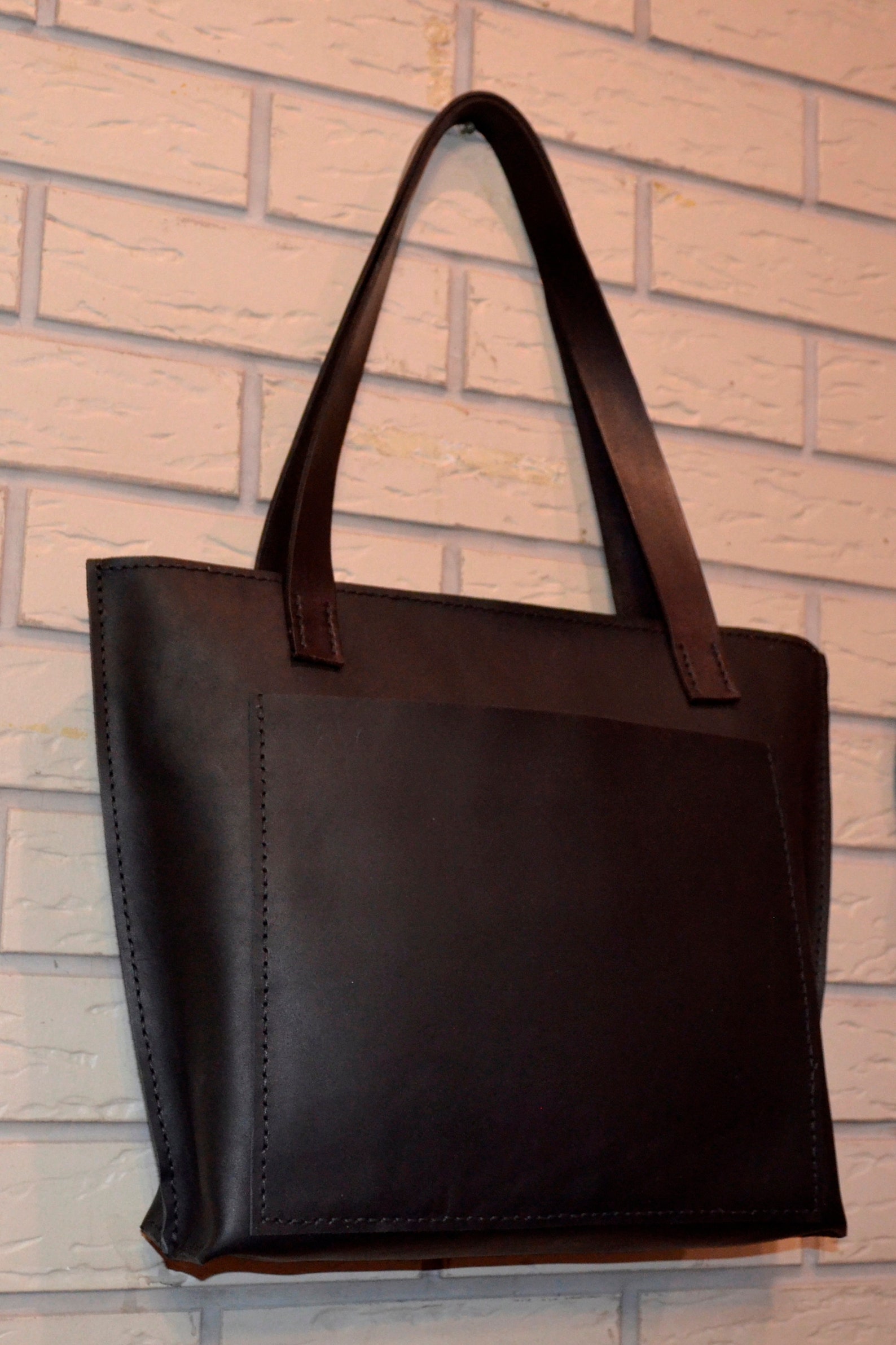 Large leather bag with patch pockets on the buttons on both Etsy