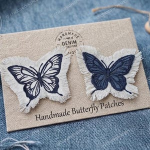 Écusson papillon en denim effiloché / Applique brodée pour vestes / Écusson papillon en denim / Écussons artisanaux faits main