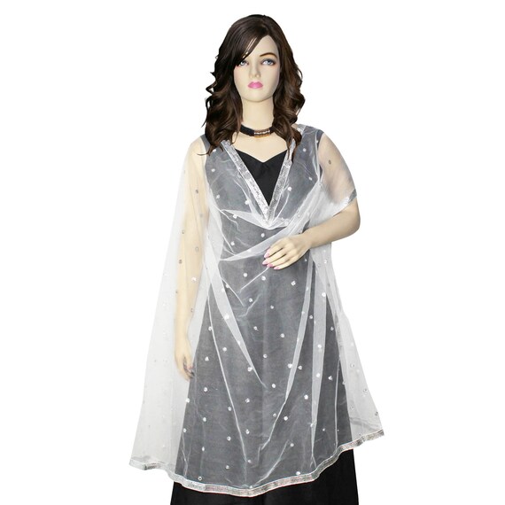 Dupatta White Net Scarf Chunni Shawl Embroidery Work Hijab - Etsy Canada