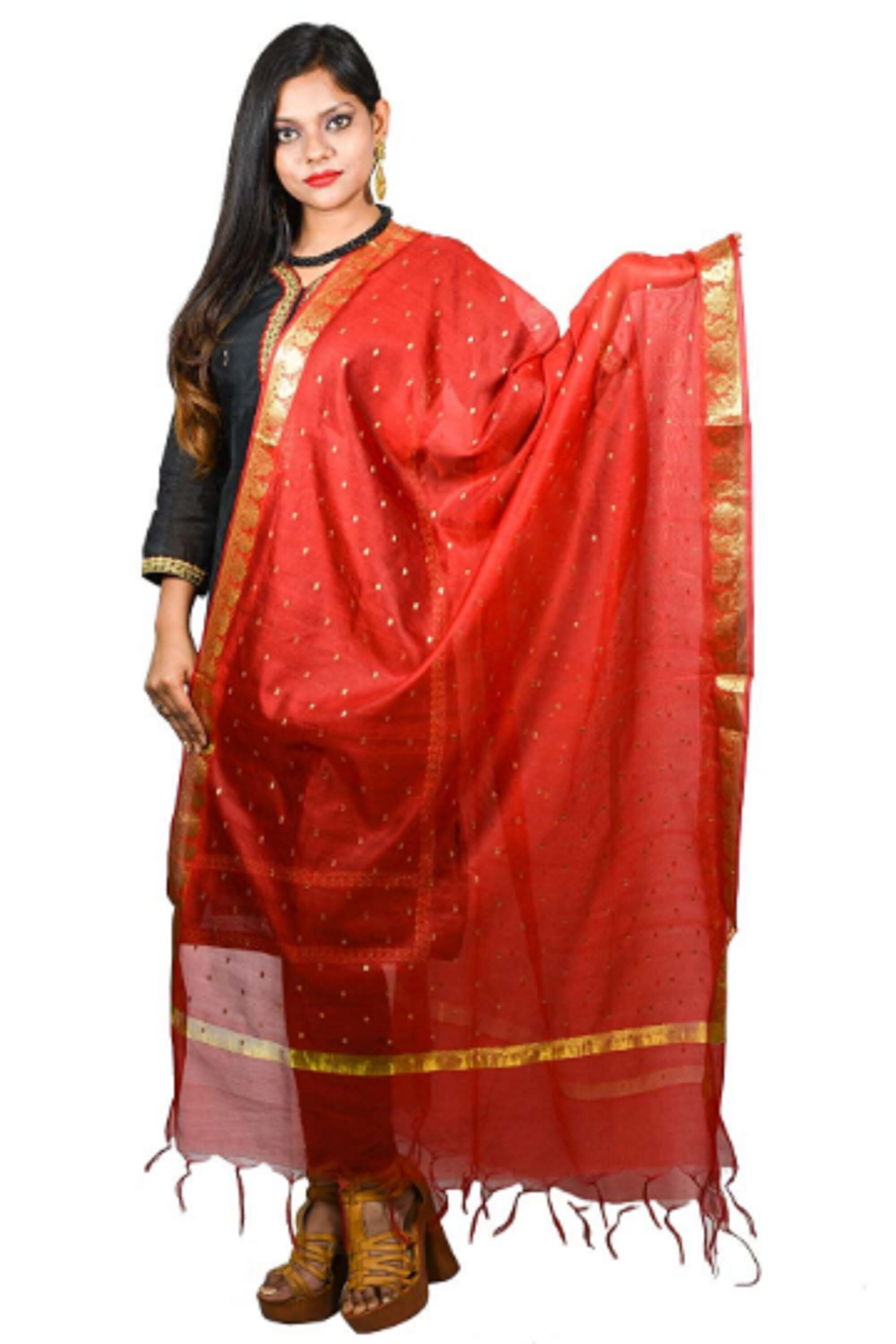 Dupatta Scarf Chunni Chanderi Golden Dots Floral Border Etsy