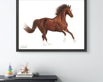 馬のアートプリント：ミニマリストの色鉛筆画（デジタルダウンロード