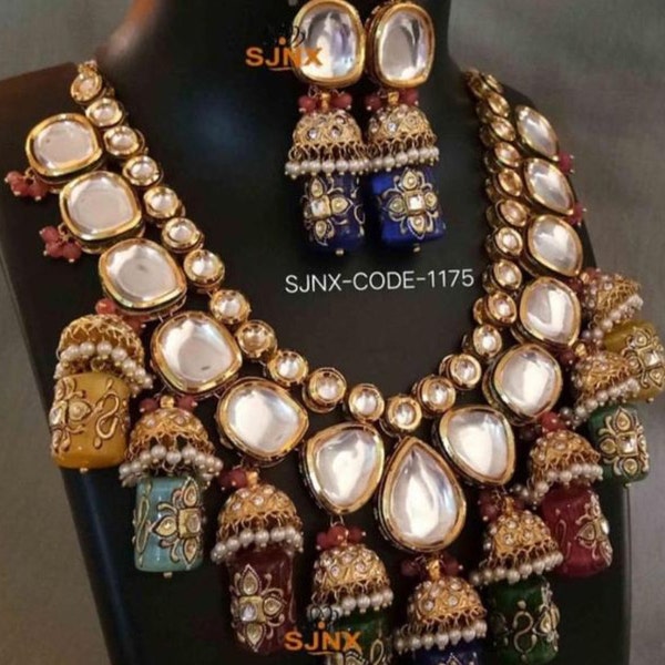 Big size hand painted onyx, meenakari - Kundan necklace rajasthani jewelry Rajwada haar Indian jewelry Sabyasachi wedding necklace for women