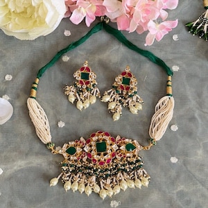 Bollywood Indian pachi kundan choker necklace set with earrings in green and pink, wedding jewelry, sabyasachi inspired for girls /women