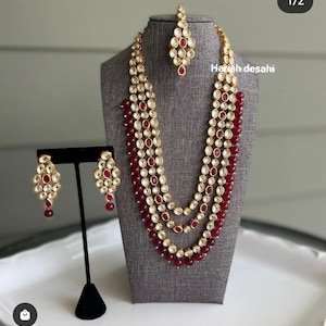 Red and gold tone Kundan long necklace set,jewelry set, wedding set with stunning earrings and maang tikka for girls/women