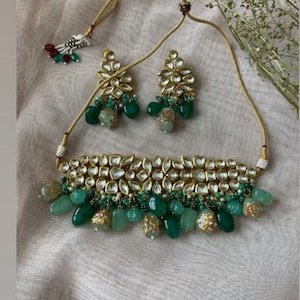Green and gold tone inspired by Sabyasachi Kundan choker necklace set, jewelry set, wedding set with stunning earrings for girls/women