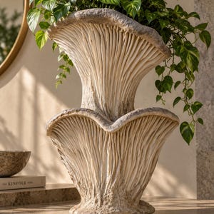 May include: A two-tiered, off-white planter shaped like stacked mushrooms with a textured, ridged exterior. The planter features a wide, fluted base and a matching upper section, both displaying vertical gill-like patterns, filled with green foliage.