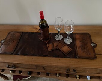 Leather wine set with table runner, coasters, and wine wrap