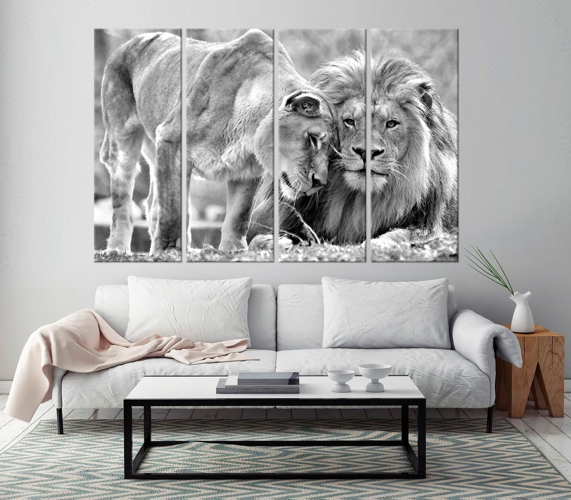 Black White Lions wall art Lion lioness canvas print Lion | Etsy