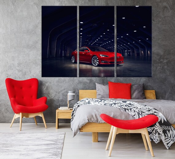 Red Tesla Model S Wall Décor Tesla Canvas Print Car Modern Wall Art Car Lover Gift Extra Large Wall Art Housewarming Gift For Him