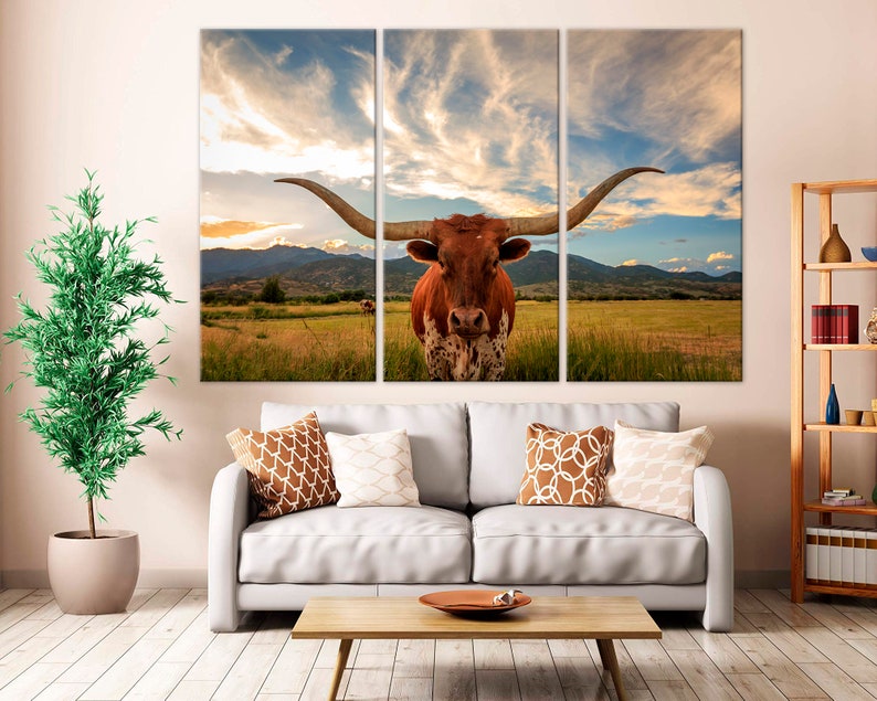 Texas Longhorn Wall Art Cow canvas print Farmhouse Decor | Etsy