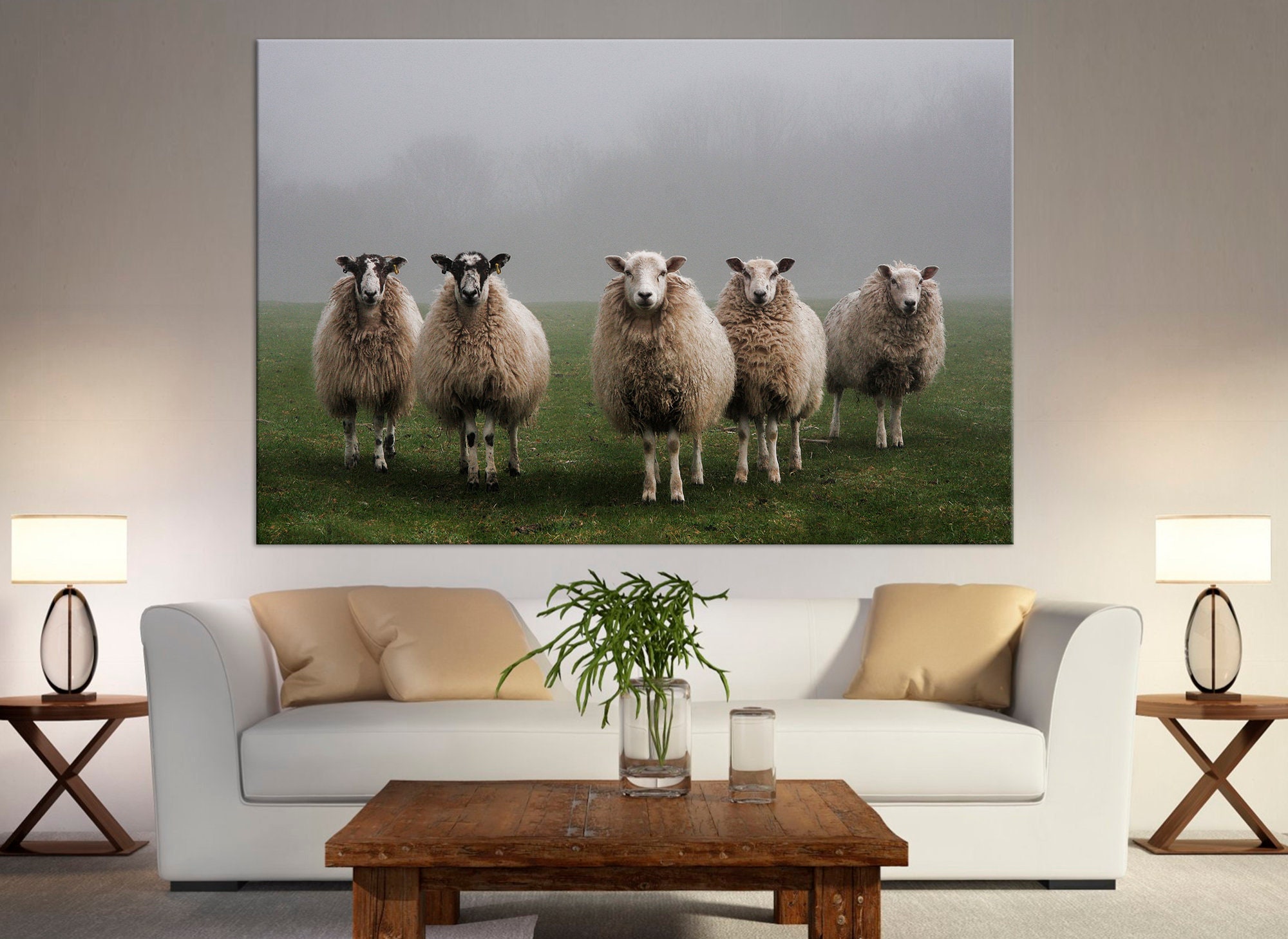 Sheep in a misty field wall art Rustic decor Sheep canvas Etsy