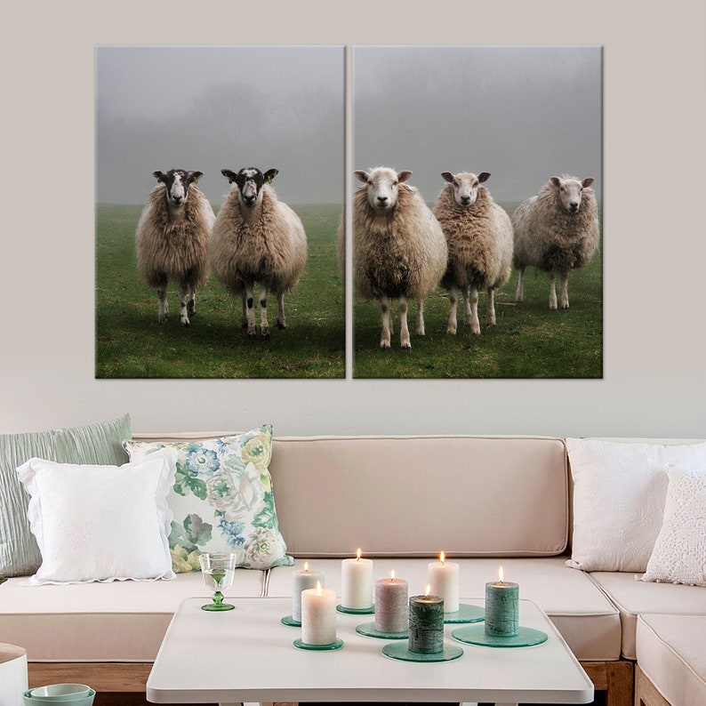 Sheep in a misty field wall art Rustic decor Sheep canvas Etsy