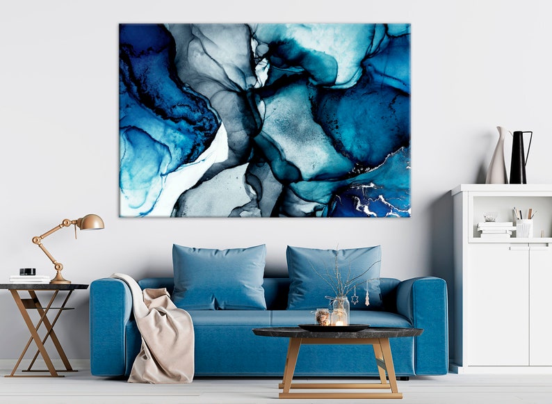 Blue marble wall art Navy Blue Wall Decor Abstract canvas Etsy