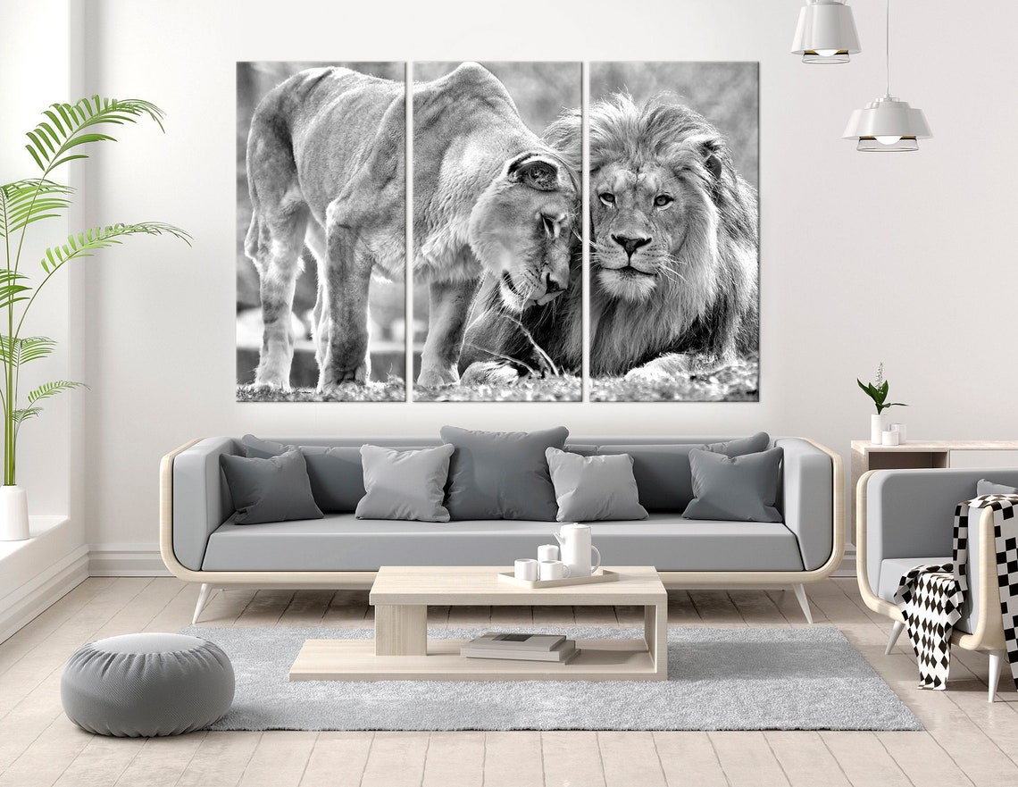 Black White Lions wall art Lion lioness canvas print Lion Etsy