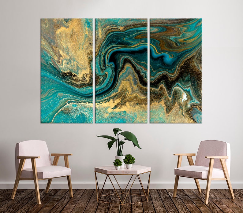 Golden marble wall art Aqua wall decor Turquoise canvas