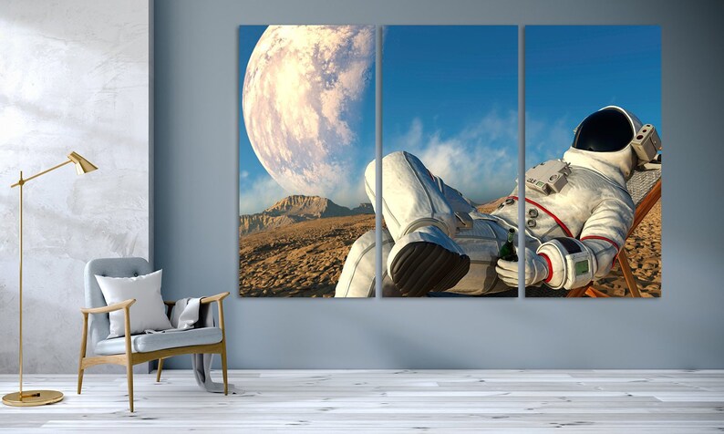 Beer Drinking Astronaut On The Moon Space Age Decor Extra Large Canvas Wall Art Gift For Him