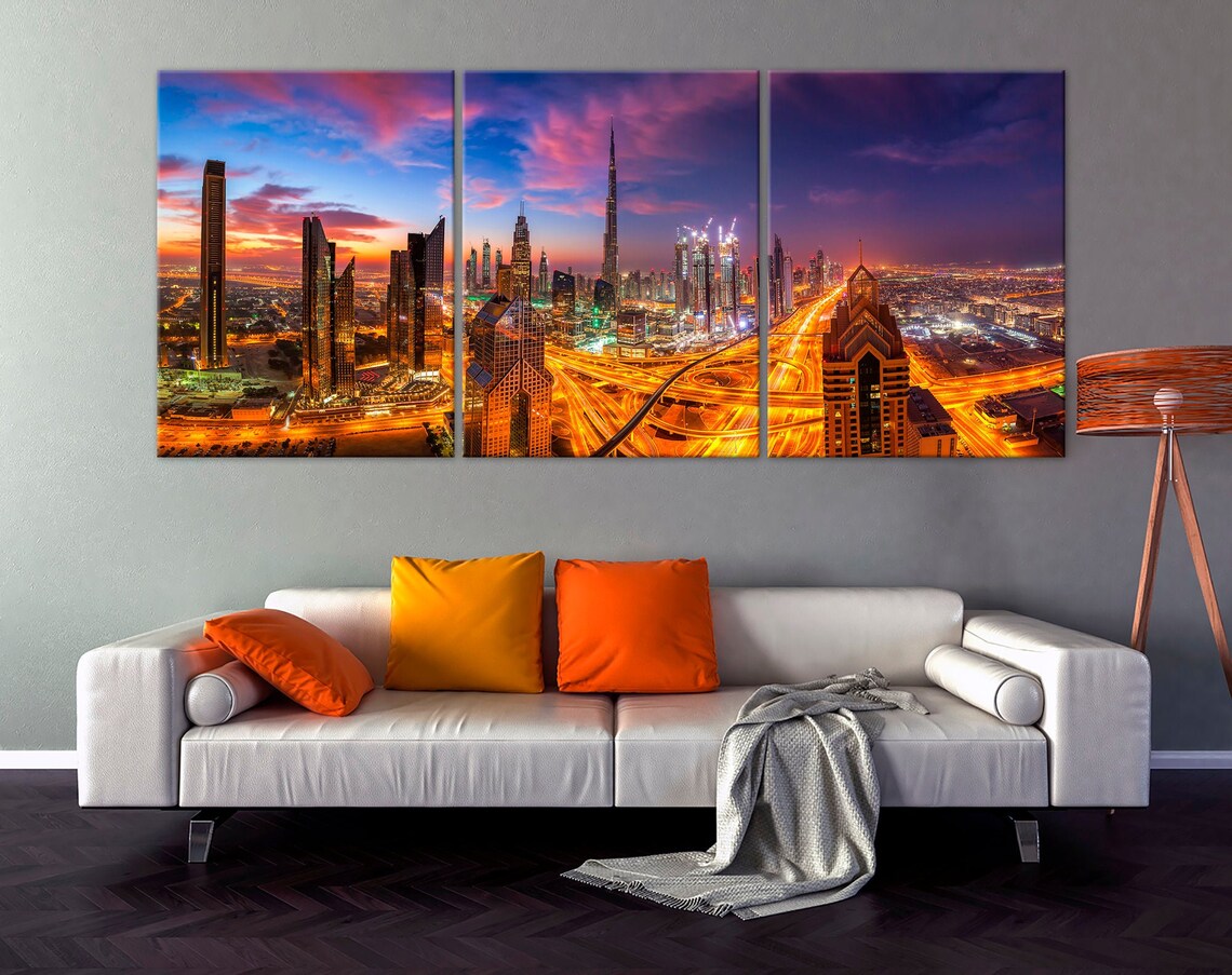 Dubai skyline at sunset Dubai wall art Dubai canvas print Etsy