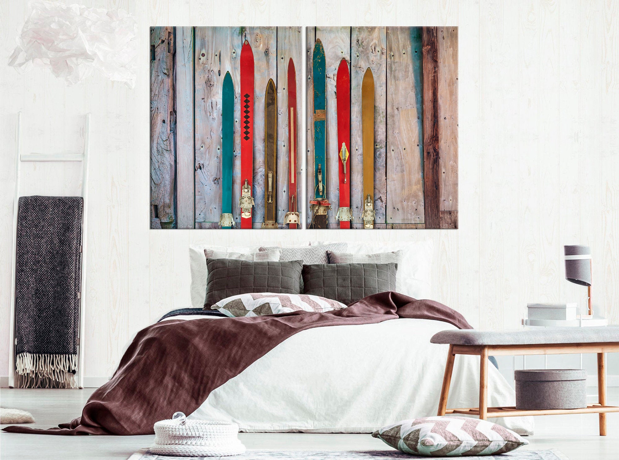 Old skis canvas print Wooden Skis Decor Rustic wall art Ski | Etsy