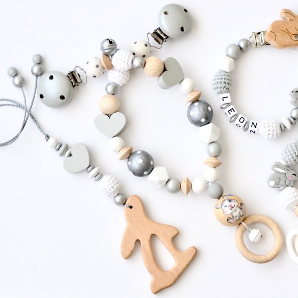 HAND-PAINTED 3tl. Set or individual "rabbit" stroller chain, pacifier chain and Maxicosi pendant