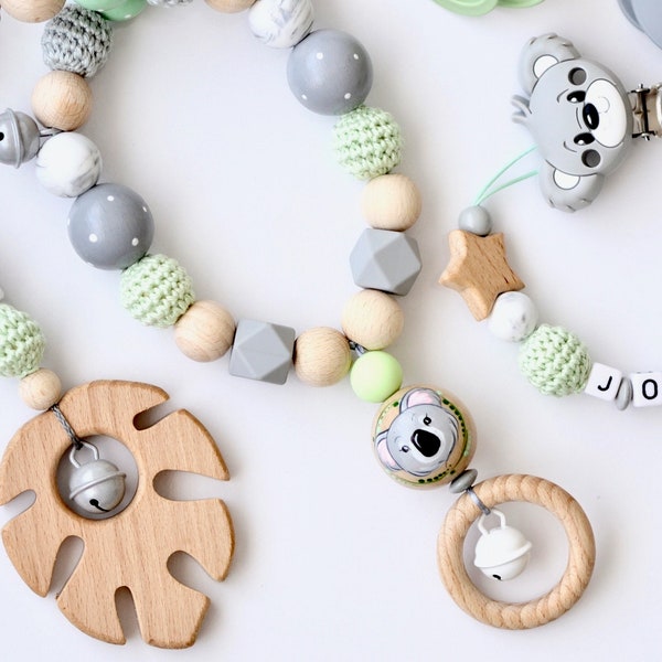 HAND-PAINTED 3tl. Set or individual "Koala" stroller chain, pacifier chain, Maxi Cosi pendant