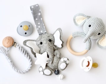 3tl. Set or individually "Elephant" gripper, pacifier chain and Maxicosi pendant