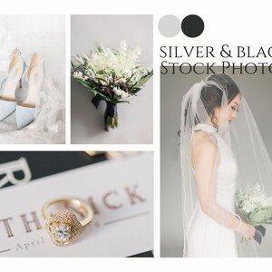 May include: A collage of wedding-themed images. Includes a pair of light blue heels, a bouquet of white flowers with a black ribbon, a bride in a white dress and veil, and a close-up of a gold ring with a diamond. Text reads "SILVER & BLACK STOCK PHOTOS."
