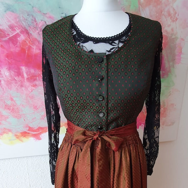 VINTAGE Dirndl Trachten Kleid Gr. 44 XXL Seide Satin grün schwarz