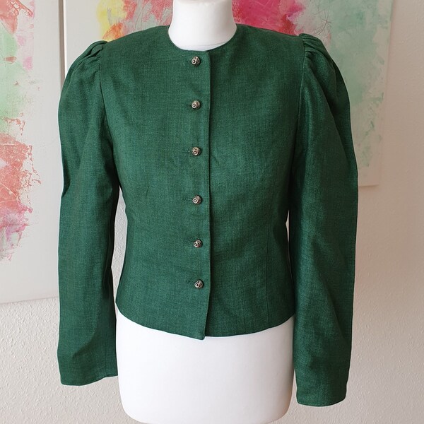 80er Vintage LEINEN Trachten Mieder corsage Jacke Gr. 36 38 Dirndl ungetragen Puffärmel Unikat grün COTTAGECORE