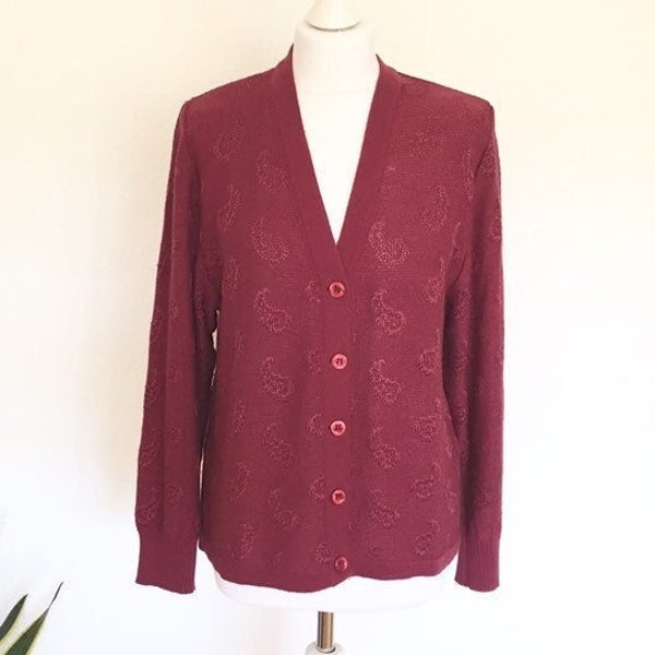 VINTAGE Strick Jacke Gr. L XL cardigan knit cottagecore Tracht Folklore beere 80er oversized