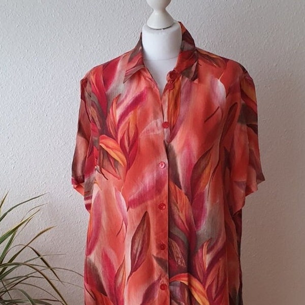 80er Vintage Bluse Hemd Gr. XXL 44 oversized Damen Cupro Kurzarm floral Perlmutt