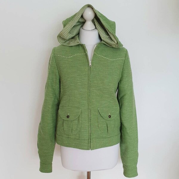 Unikat Boucle Jacke Blouson Kapuze Gr. M 38 Vintage ungetragen Zipfelmütze Handarbeit