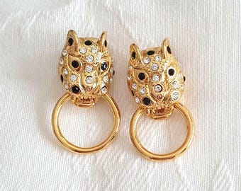 80s Vintage Chunky Stud Earrings Gold Bling Rhinestone Devil