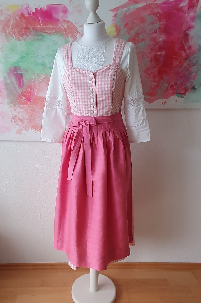 Vintage dirndl dress, pink and white checkered, size M (38/40), romantic traditional dress image 1