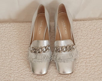 Vintage leather loafers size 36.5 college shoes pumps low shoes metallic silver