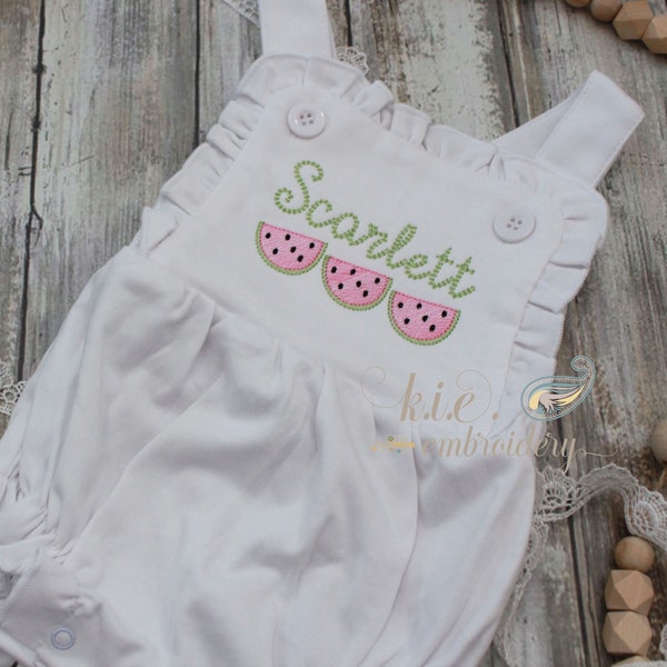 Girls' Embroidered Monogrammed Sunsuit or Ruffle Bum Bubble / Baby Girls / Embroidered Watermelon Trio / Baby Girl Summer