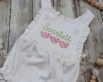 Girls&#39; Embroidered Monogrammed Sunsuit or Ruffle Bum Bubble / Baby Girls / Embroidered Watermelon Trio / Baby Girl Summer