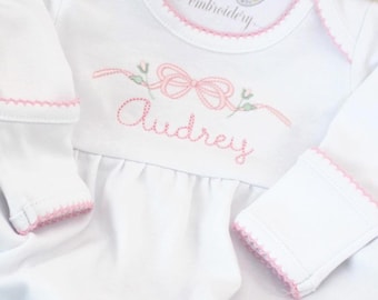Picot Trimmed Monogrammed Baby Gown / Embroidered / Baby Coming Home / Baby Shower Gift / Newborn / Infant / Personalized / Bow / Rose