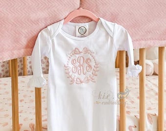 Embroidered Monogram Baby Gown: Ruffle Sleeve Cotton Coming Home Outfit