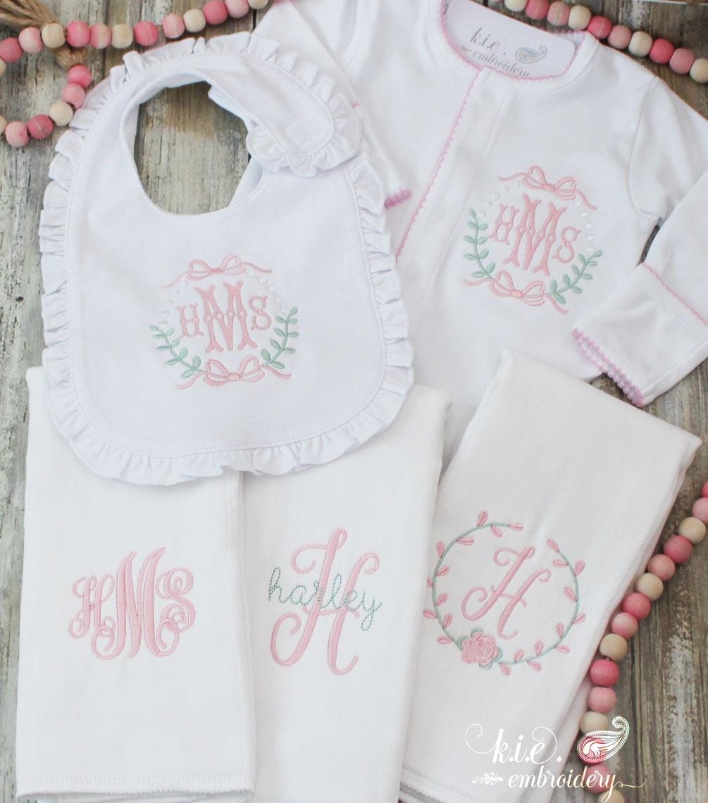 Monogrammed Baby Girl Gift Bundle / Pink Picot Trim Footie / Bib / Burp Cloths / Baby Coming Home / Shower Gift / Personalized / Embroidered