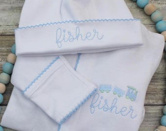 Monogrammed  Baby Boy Footie: Personalized, Embroidered Train, Blue Picot Trim, Coming Home Outfit, Gift