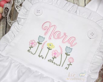Embroidered Flower Monogram Sunsuit: Girls' Ruffle Cotton Bubble
