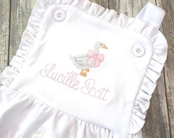 Embroidered Goose Sunsuit: Monogrammed Ruffle Bubble / Footie / Romper / Baby Girl Gift