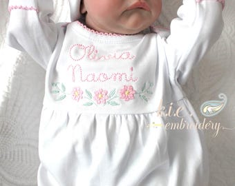 Monogrammed Baby Gown, Embroidered French Knot Flowers, Organic Cotton, Picot Trim