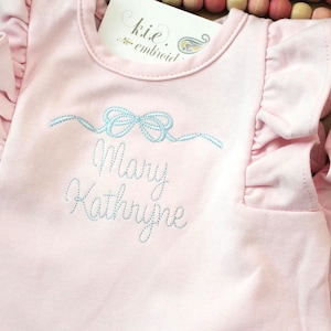 Embroidered, Monogrammed Baby Pink Flutter Sleeve Bubble / Summer / Personalized / Shower Gift / Bow