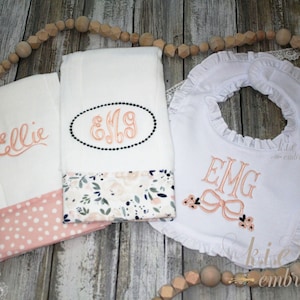 Monogrammed Burp Cloth Set / Bib / Burp Cloths / Personalized / Embroidered Baby Set / Baby Shower Gift / Baby Girl