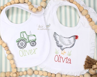 Monogrammed Embroidered Farm Animals / Bibs / Kids Shirts / Baby Girl Bubble / Chicken / Tractor / Birhday / Personalized / Gift