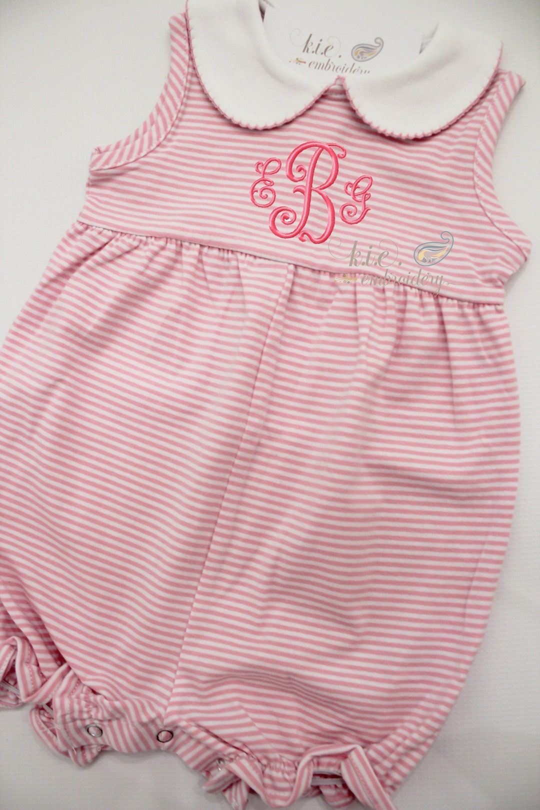 Monogrammed Embroidered Baby Girl Bubble / Pink Stripes / Pink Bodysuit