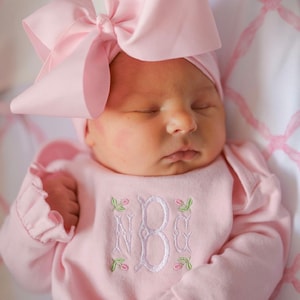 Embroidered Monogrammed Baby Gown: Pink Ruffle Sleeve Cotton Bodysuit