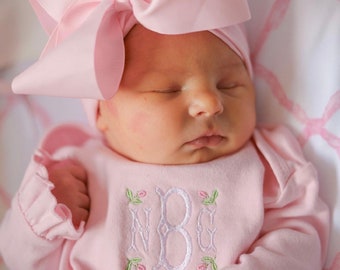 Embroidered Monogrammed Baby Gown: Pink Ruffle Sleeve Cotton Bodysuit
